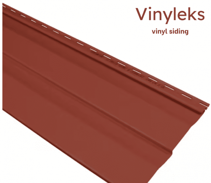 A red roofing sheet with "vinyleks" text across it.