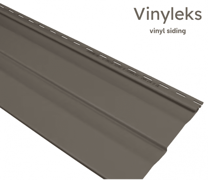 A brown roofing sheet with "vinyleks" text across it.