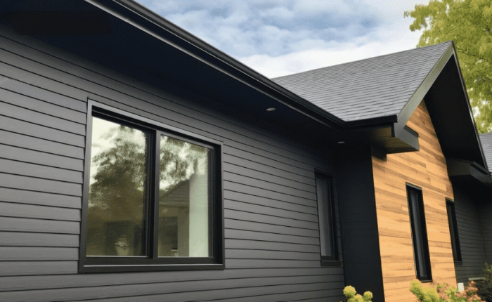 A modern house with sleek black siding and windows.