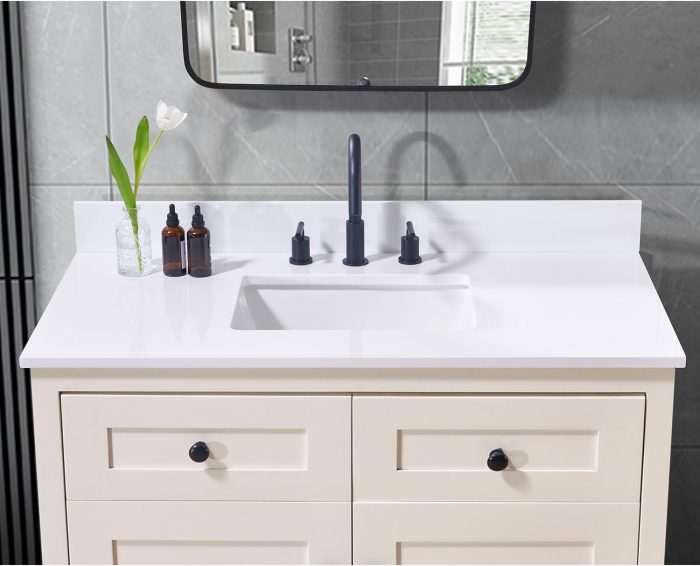 Bathroom vanity with sink and mirror, functional and stylish.