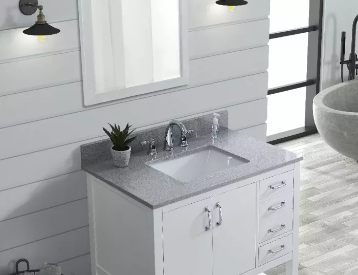 Stylish bathroom vanity with sink and large mirror, functional and aesthetic.