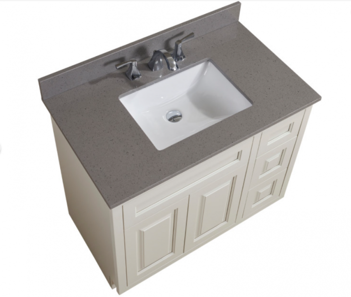 Stylish bathroom vanity with sink and countertop.