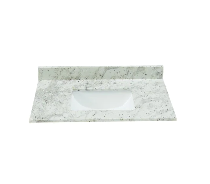 A white marble bathroom sink top with elegant veining.