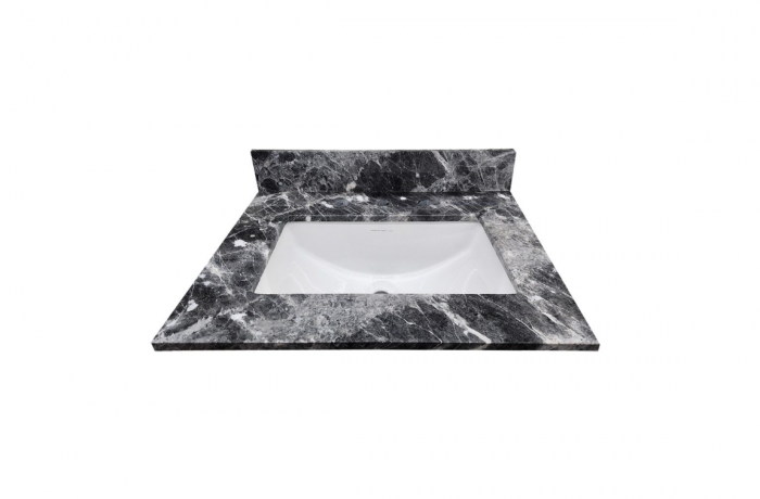A bathroom sink with an elegant marble countertop.