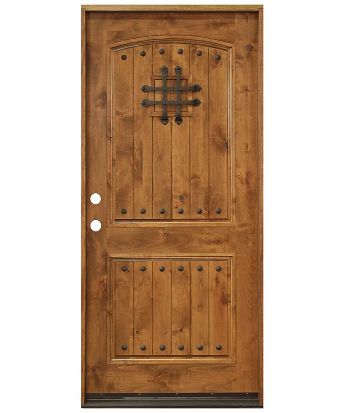 Rustic Knotty Alder Wood Entry Door with Wrought Iron Accents