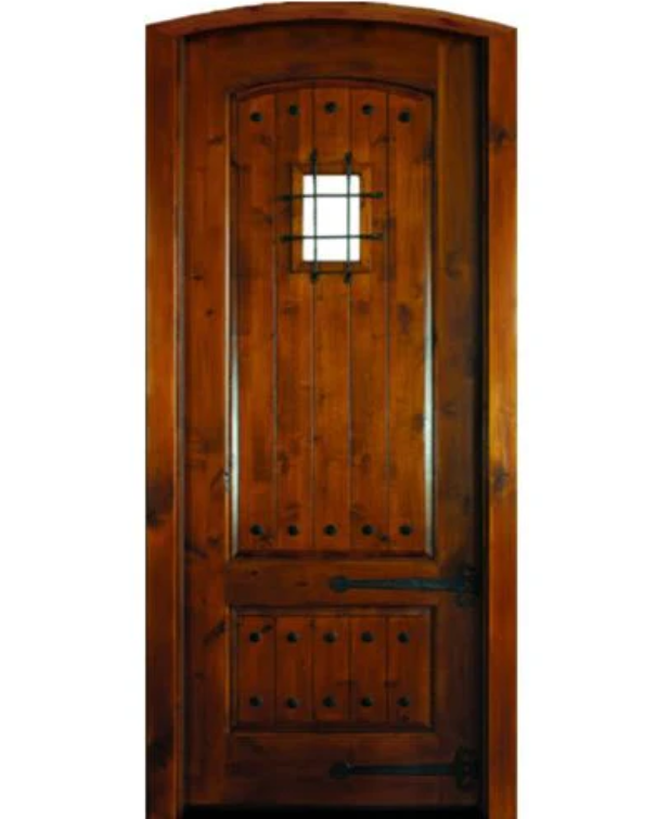 2-Panel Radius Knotty Alder Entry Door with Speakeasy