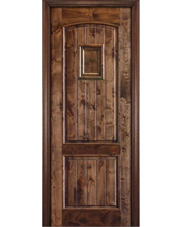 Arched 2-Panel V-Grooved Knotty Alder Door with Speakeasy